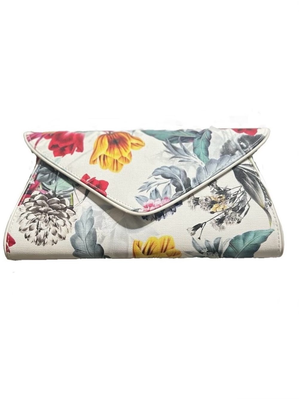 White Floral Botanical Envelope Crossbody Clutch Removable Chain Strap